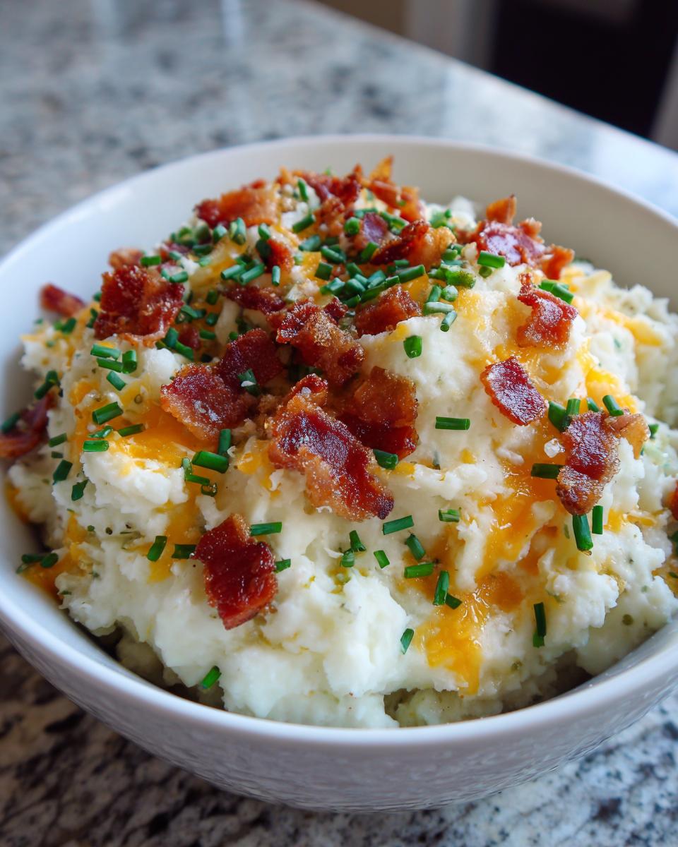 A close-up of a white bowl filled with creamy loaded mashed potatoes topped generously with crispy bacon bits and fresh chives.
