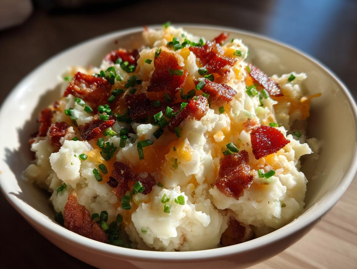 Close-up of a bowl filled with amazing loaded mashed potatoes topped with crispy bacon bits, melted cheddar cheese, and fresh chives.