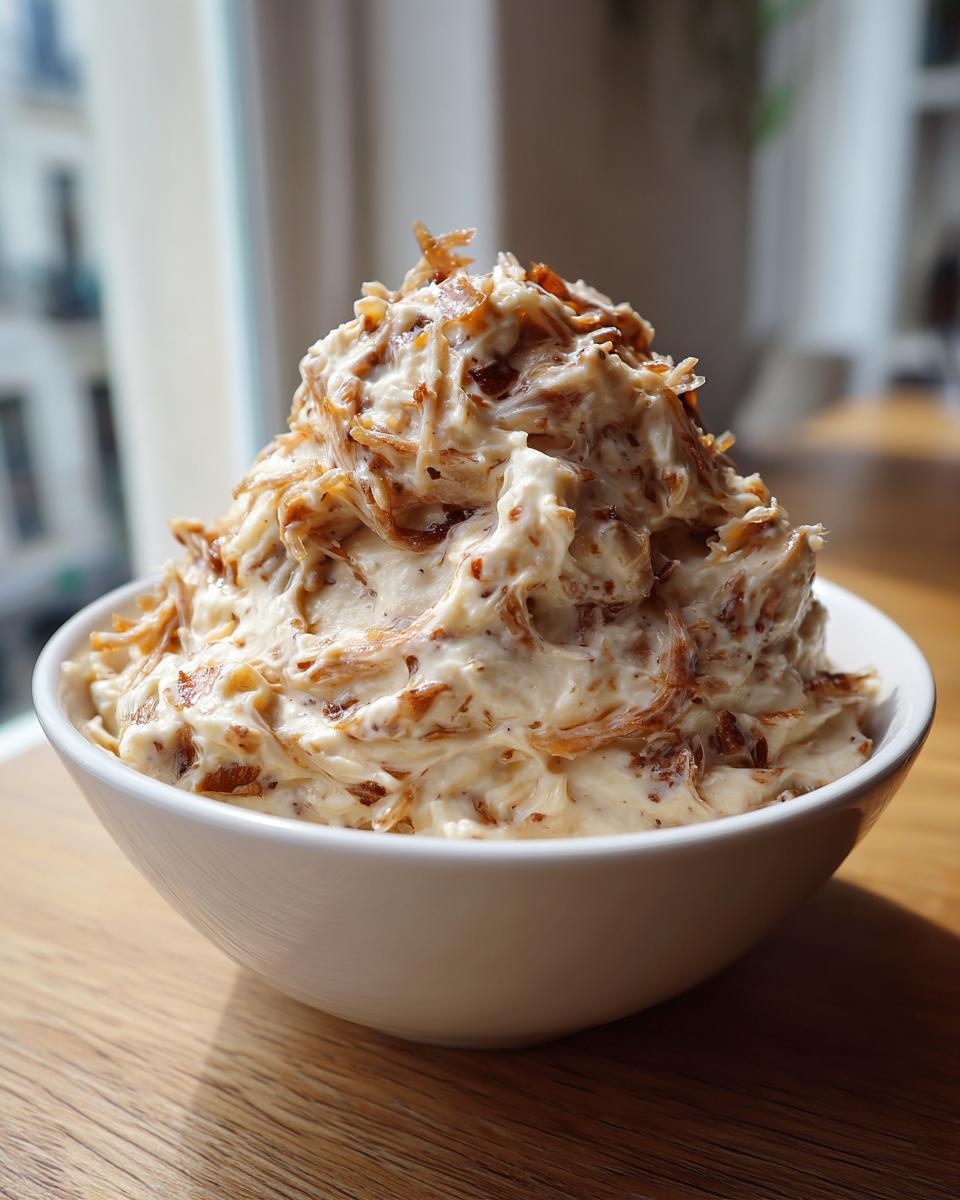 A generous mound of creamy onion dip mixed with caramelized onions served in a white bowl.
