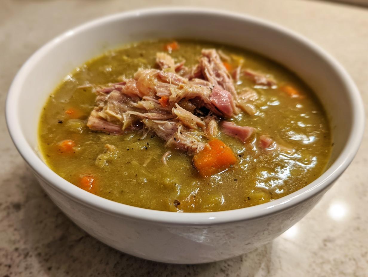 A close-up of a white bowl filled with thick, green pea soup topped with shredded ham and diced carrots.