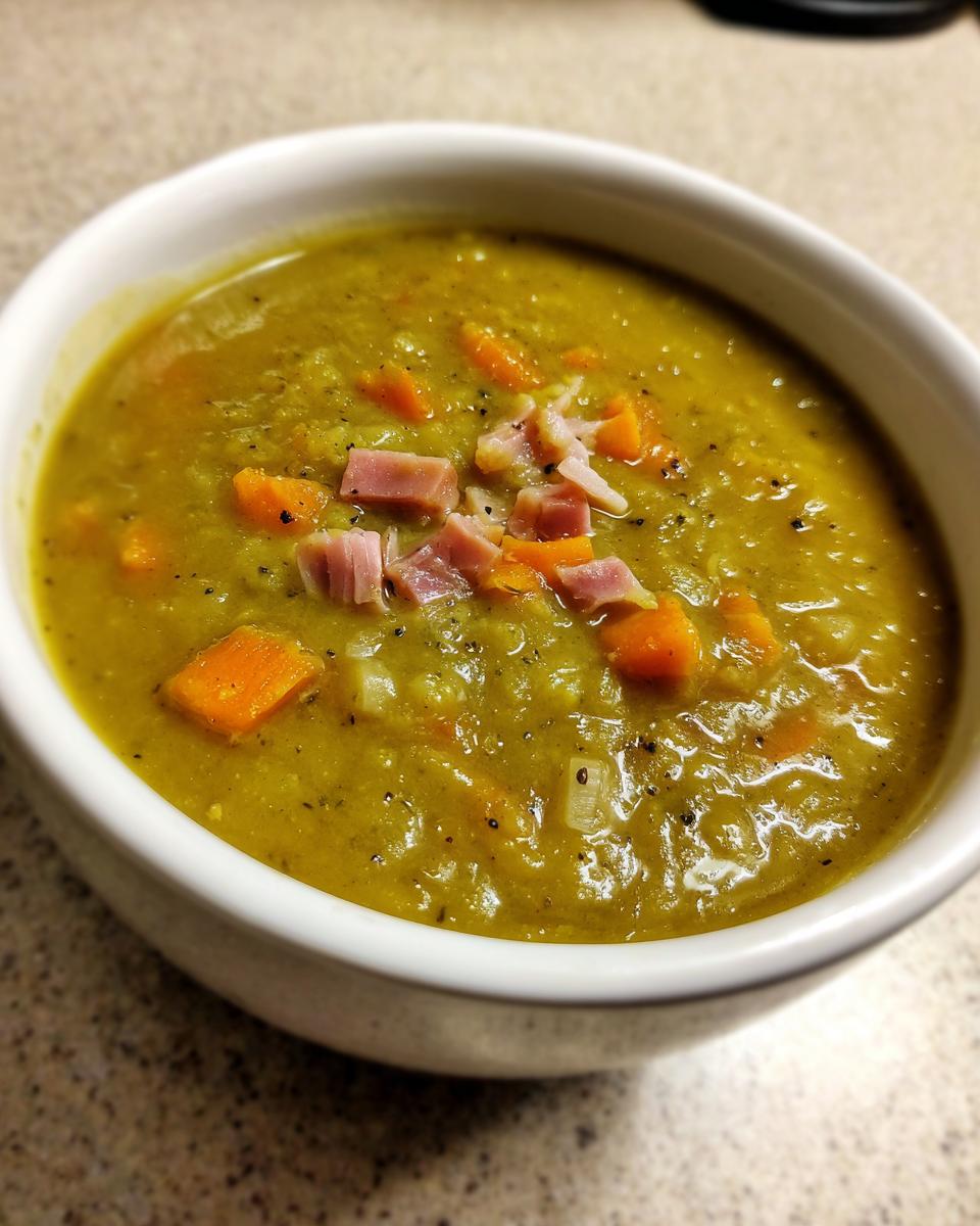 A close-up of a thick, green bowl of amazing pea soup, topped with diced ham and carrots.