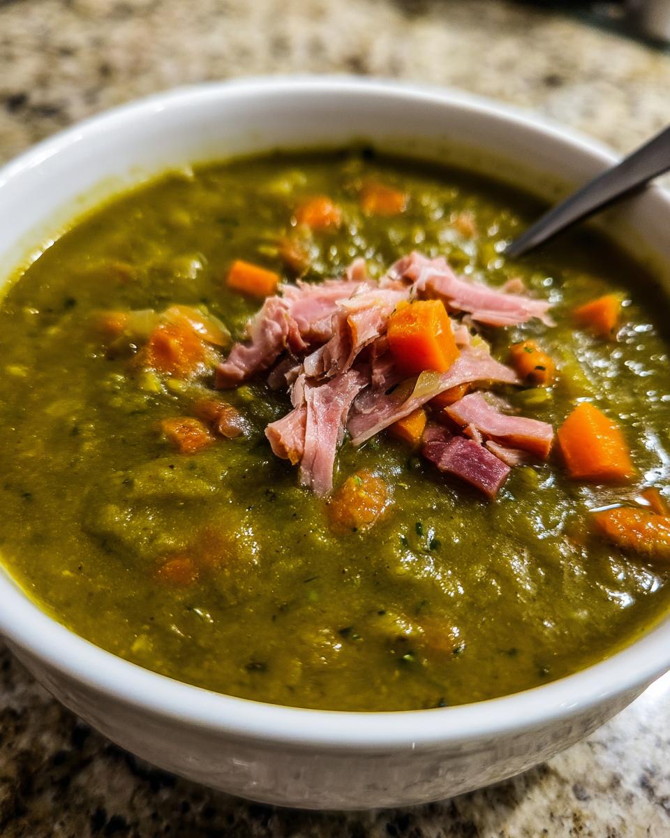 Close-up of a thick, green bowl of homemade pea soup topped with shredded ham and diced carrots.