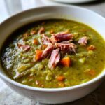 Close-up of a thick, green bowl of amazing pea soup topped with shredded ham and diced carrots.