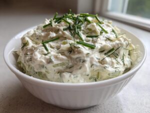 Close-up of creamy, chunky pickle dip topped with fresh chives and dill in a white serving bowl.