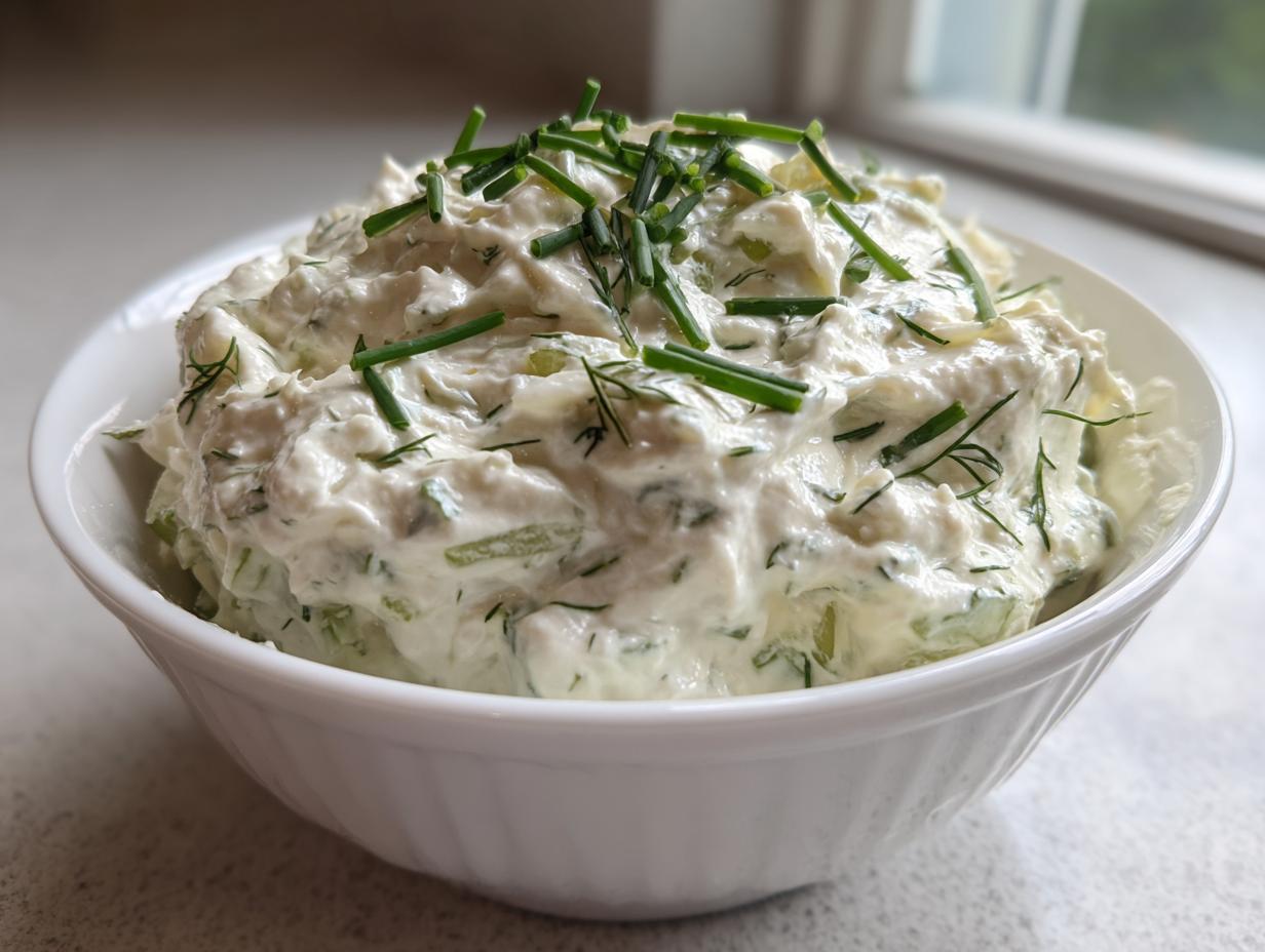 Close-up of creamy, chunky pickle dip topped with fresh chives and dill in a white serving bowl.