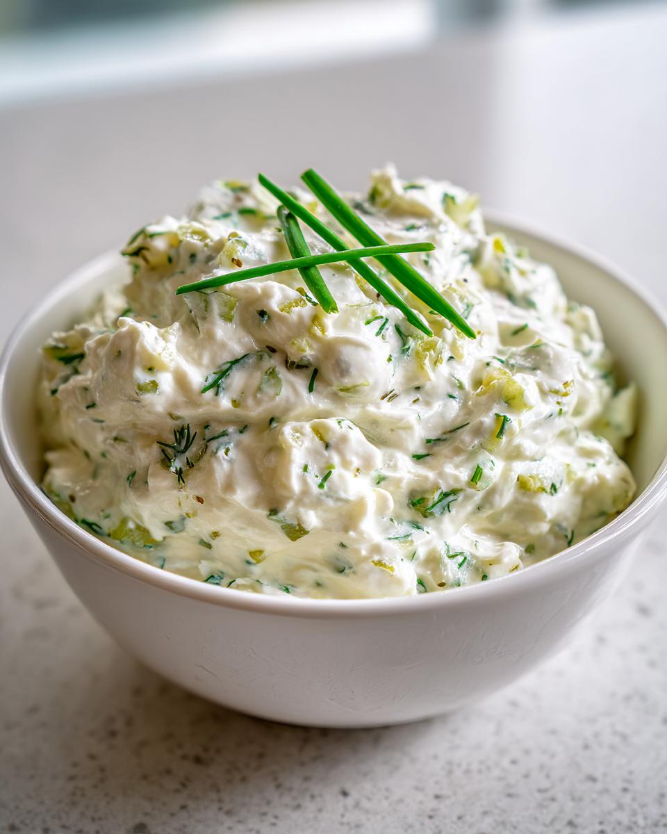 Close-up of creamy, chunky pickle dip garnished with fresh chives in a white bowl.
