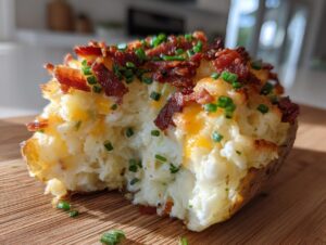 Close-up of a delicious twice baked potato stuffed with creamy filling, topped with crispy bacon and fresh chives.