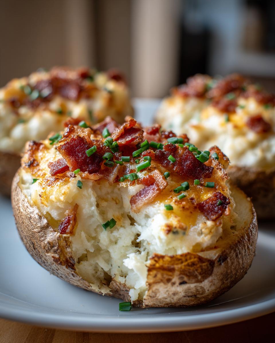 A close-up of a delicious twice baked potato, scooped out and refilled with creamy filling, topped with crispy bacon bits and chives.