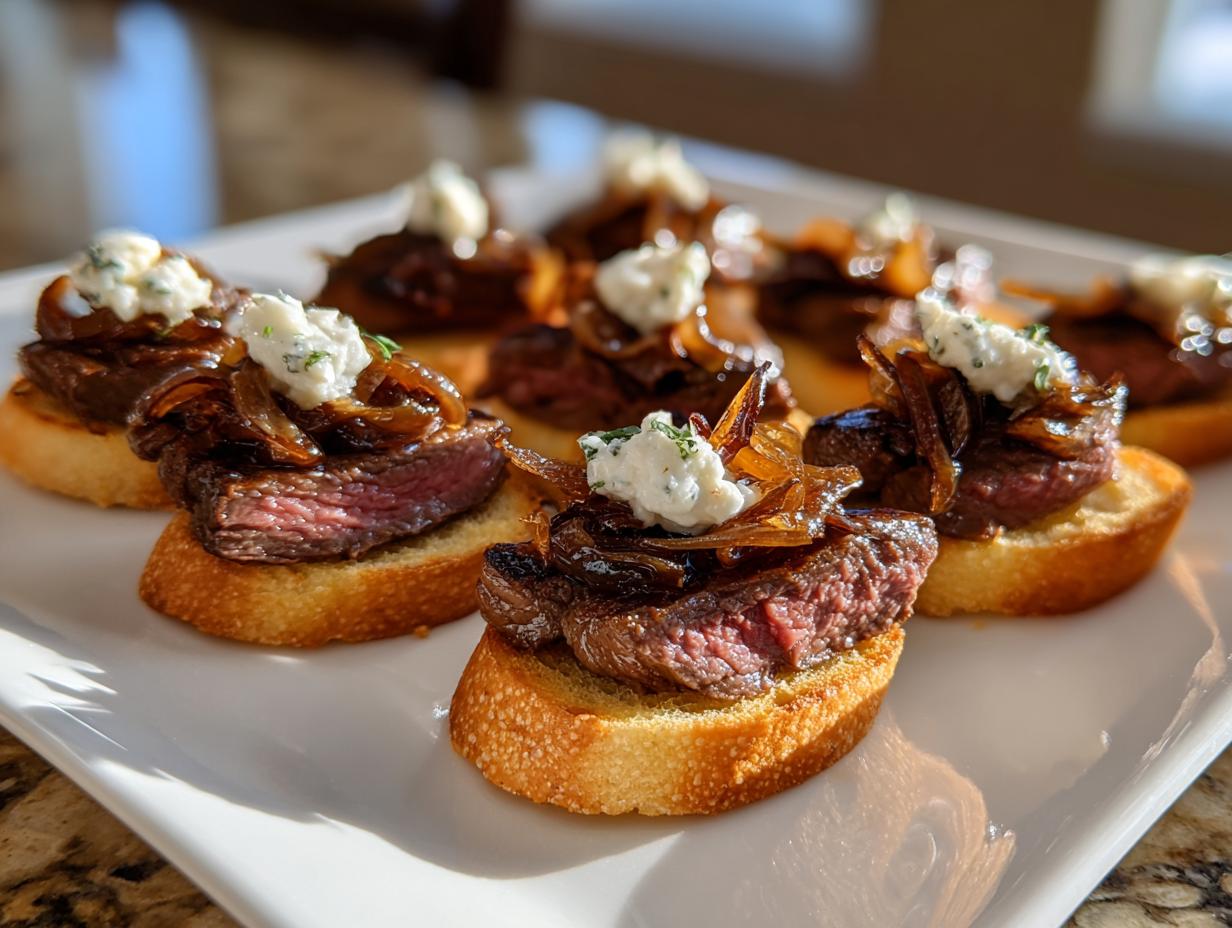 Close-up of several steak crostini bites topped with medium-rare steak, caramelized onions, and blue cheese crumbles.