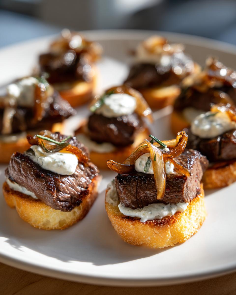 Close-up of several steak crostini bites featuring seared steak, creamy sauce, and caramelized onions on toasted bread.