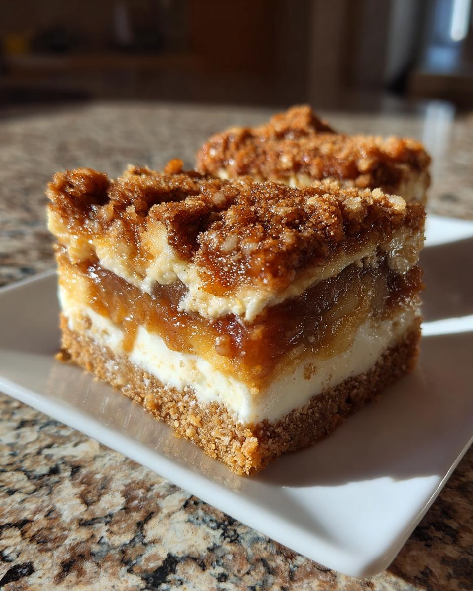 A close-up of a perfectly cut square of apple cheesecake bars showing graham cracker crust, creamy filling, apple layer, and crumb topping.