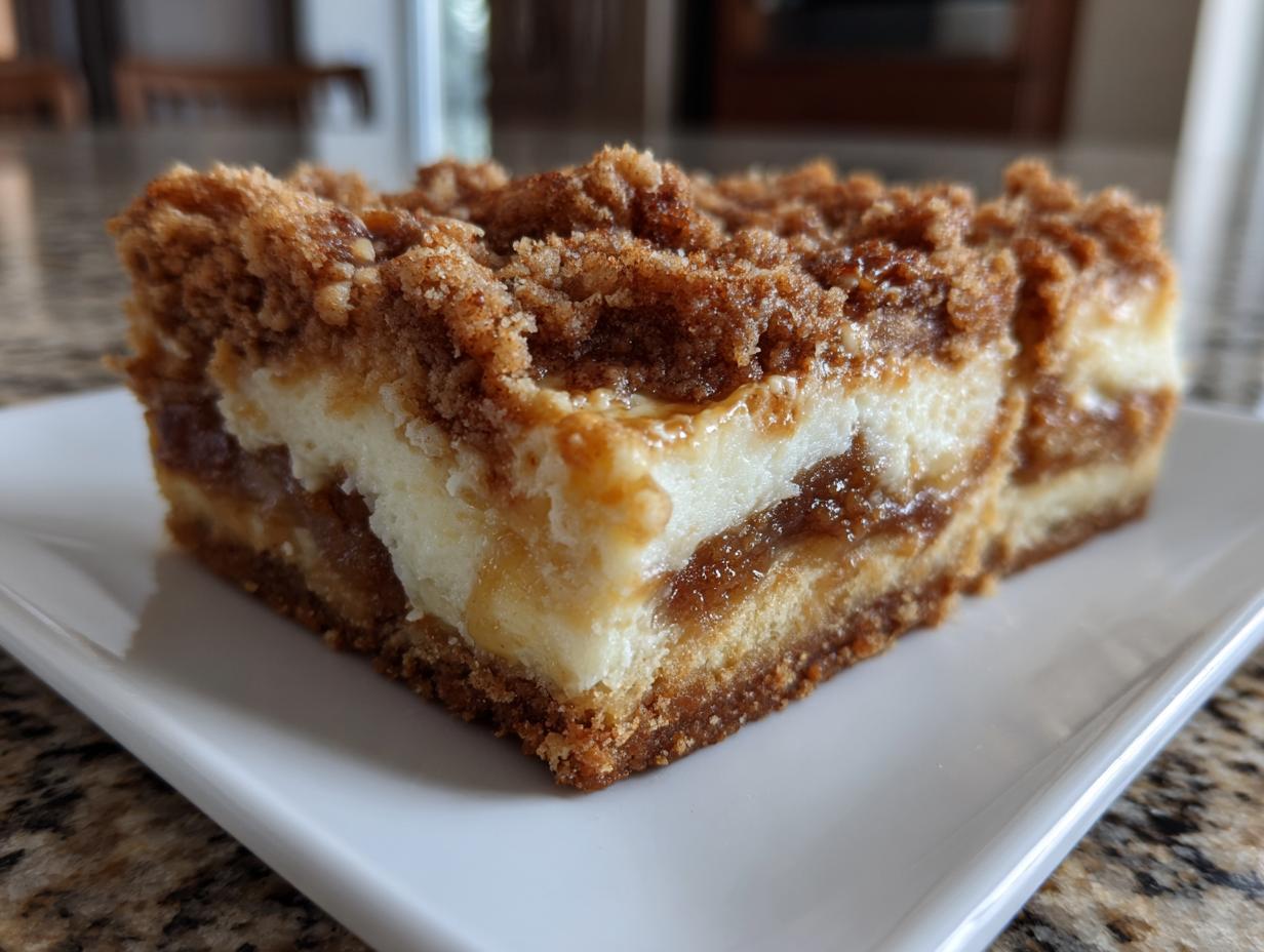 A close-up view of a thick slice of apple cheesecake bars featuring a crumble topping, cream cheese layer, and apple filling on a white plate.