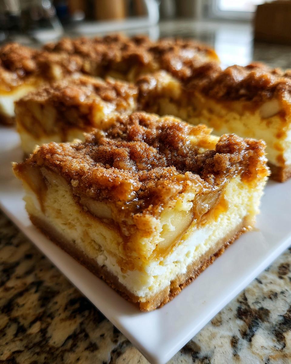 A close-up of a single serving of apple cheesecake bars featuring a creamy layer, apple filling, and brown sugar crumble topping.