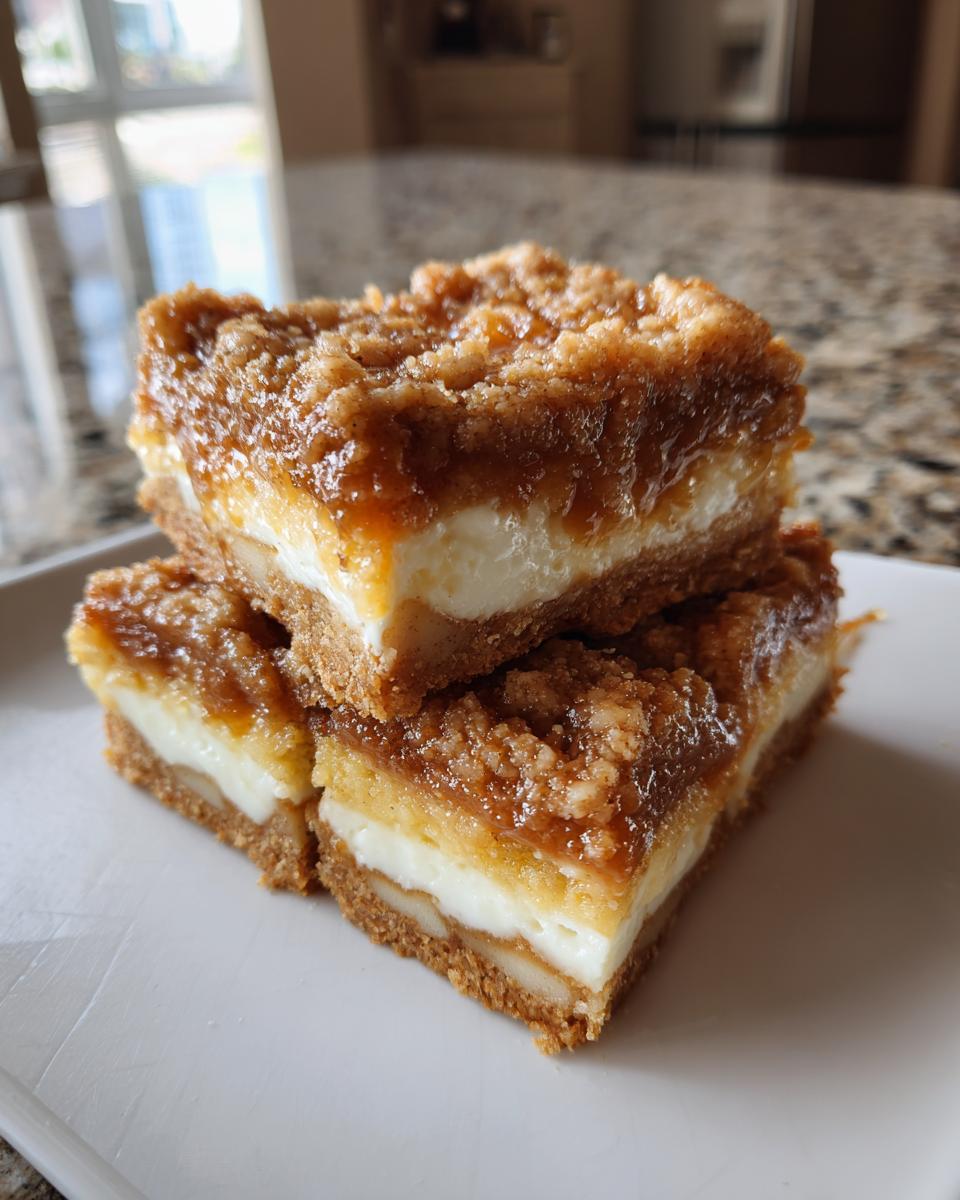 Three stacked squares of apple cheesecake bars featuring a crust, creamy filling, and crumbly caramel topping.
