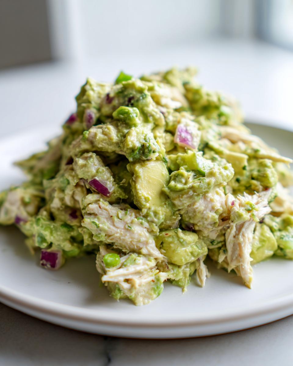 A close-up serving of creamy avocado chicken salad mixed with chunks of avocado and red onion on a white plate.