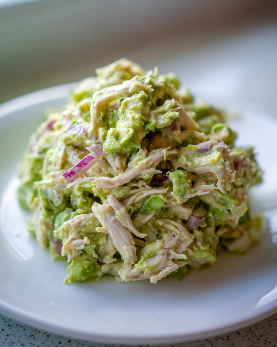 A close-up serving of creamy avocado chicken salad mixed with shredded chicken and red onion pieces on a white plate.