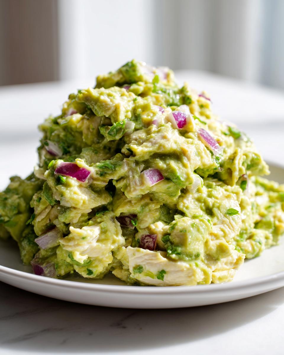 A generous mound of creamy avocado chicken salad mixed with chunks of red onion on a white plate.