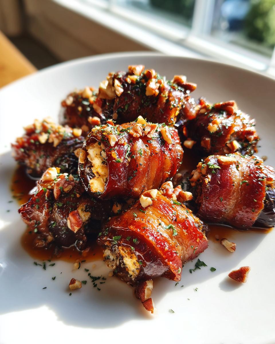 A pile of bacon-wrapped stuffed dates drizzled with glaze and topped with chopped nuts, ready to serve as an appetizer.