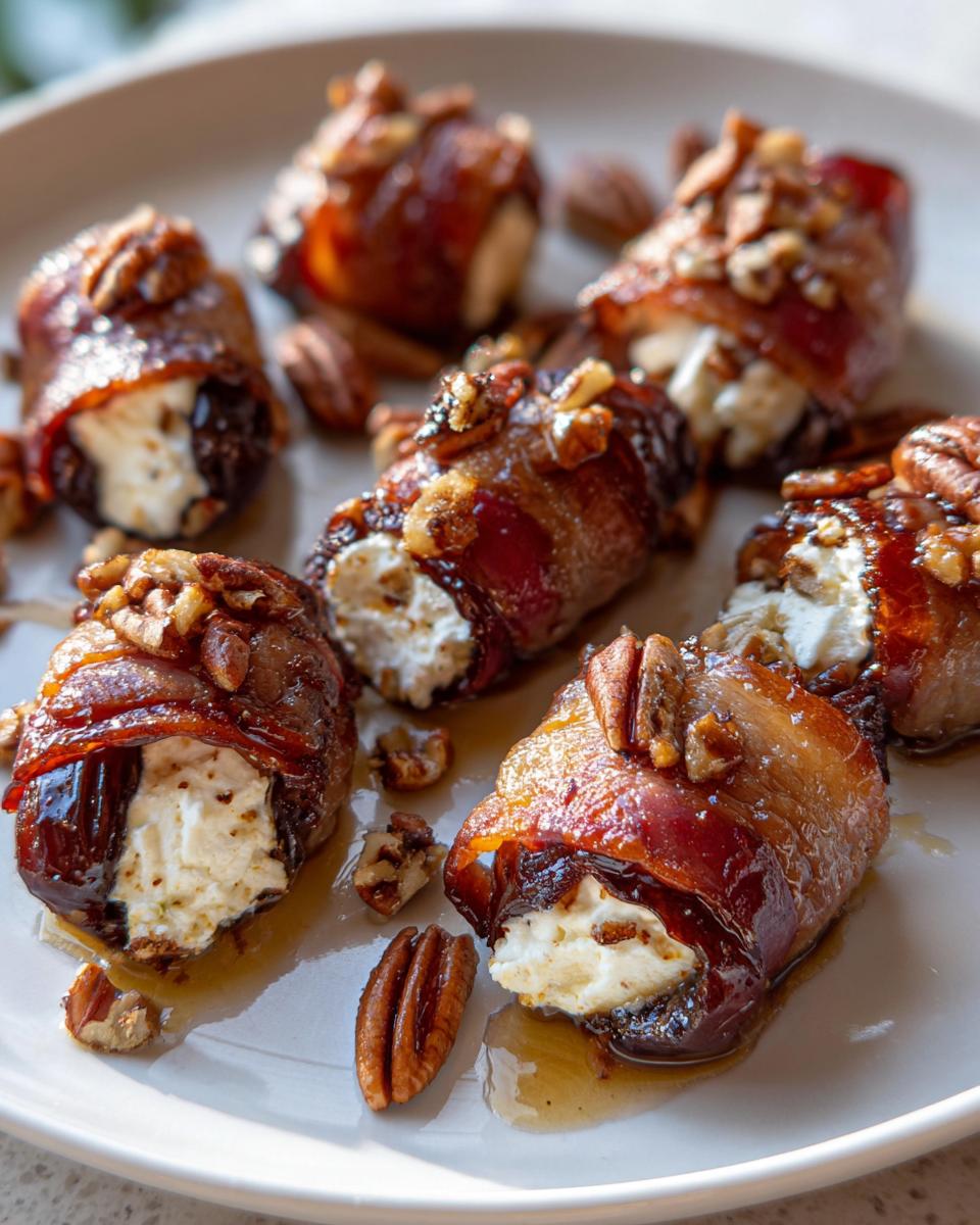 Close-up of several bacon wrapped stuffed dates, filled with cream cheese and topped with pecans, drizzled with honey.