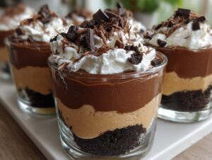 Close-up of individual Baileys Chocolate Cheesecake Trifle layers topped with whipped cream and chocolate shavings.