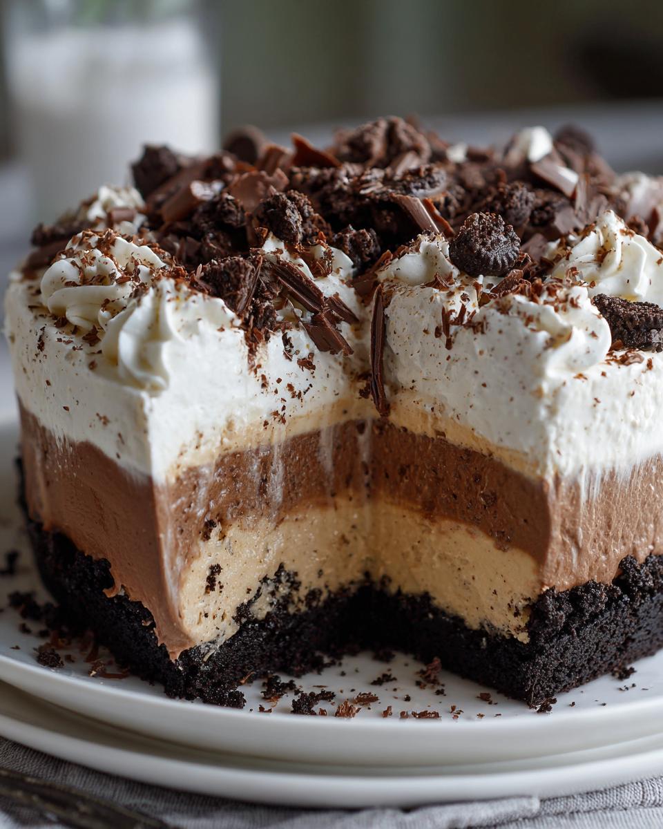 A slice removed from the Baileys Chocolate Cheesecake Trifle showing four distinct layers and chocolate topping.