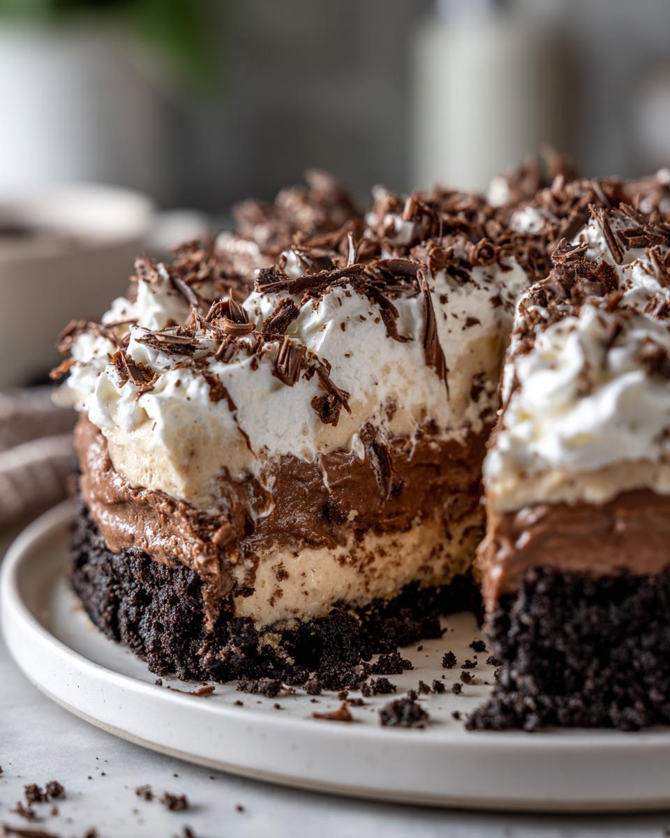 A slice removed from the Baileys Chocolate Cheesecake Trifle showing thick layers of chocolate crust, cream filling, and whipped topping with chocolate shavings.