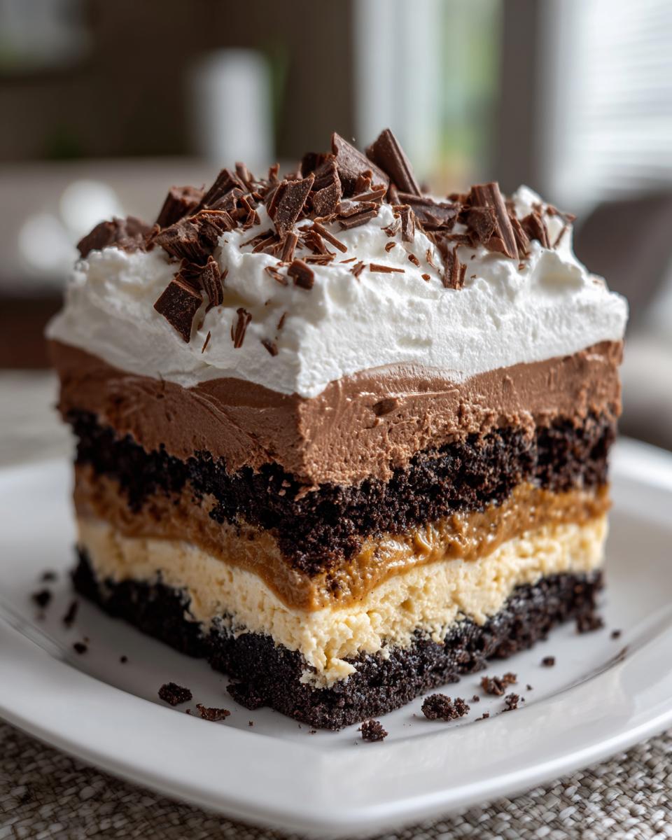 A decadent slice of Baileys Chocolate Cheesecake Trifle showing four distinct layers topped with whipped cream and chocolate shavings.