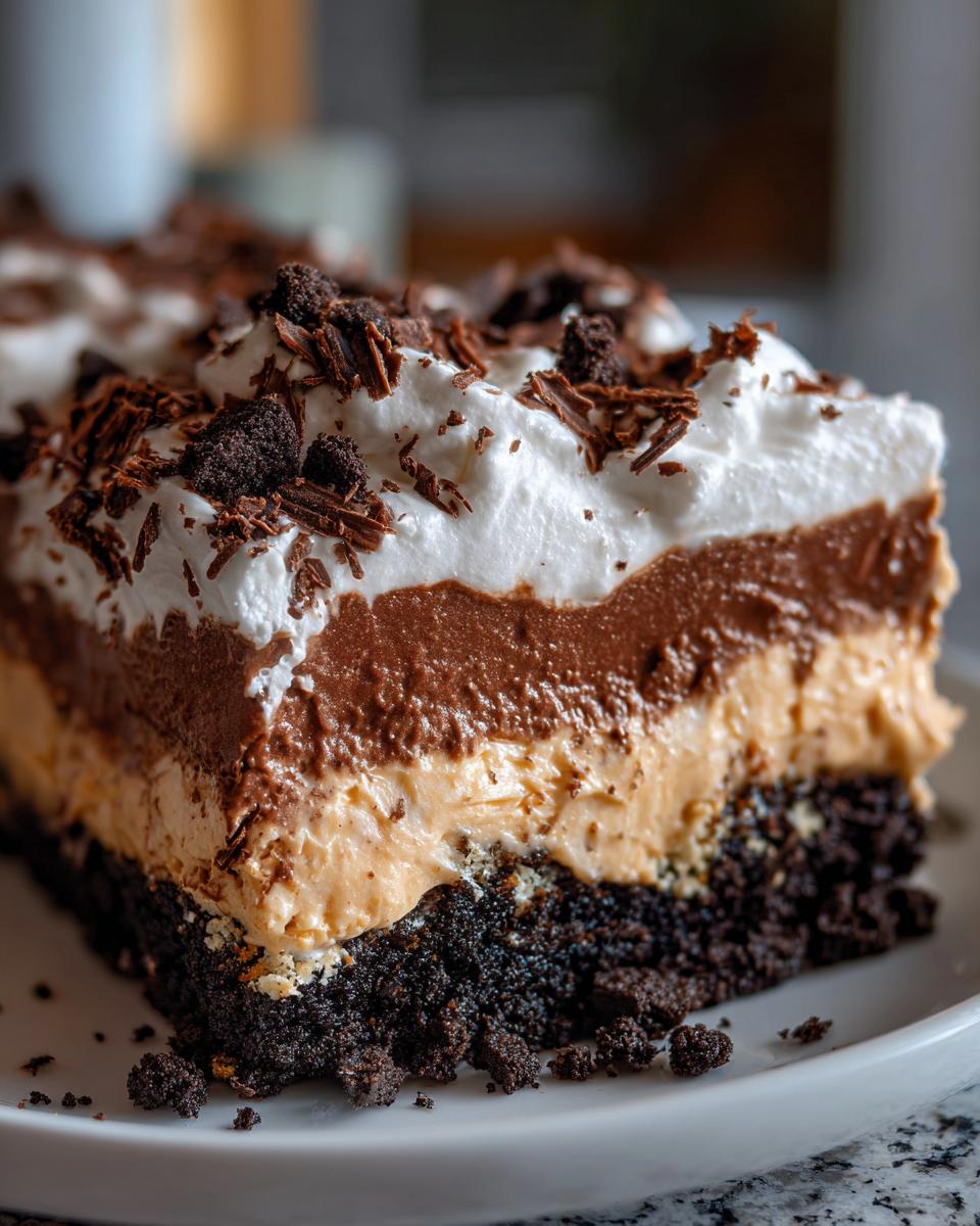 Close-up of a slice of Baileys Chocolate Cheesecake Trifle showing four distinct layers topped with whipped cream and chocolate shavings.