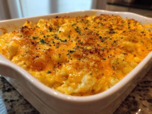Close-up of a baked casserole dish topped with melted orange cheese, breadcrumbs, and parsley, likely containing chicken and rice.