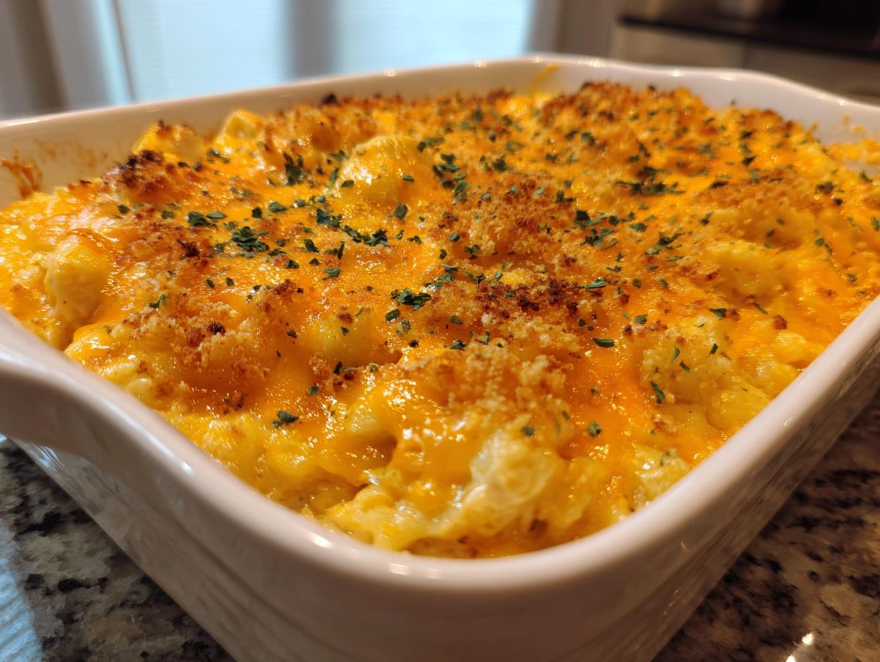 Close-up of a baked casserole dish topped with melted orange cheese, breadcrumbs, and parsley, likely containing chicken and rice.