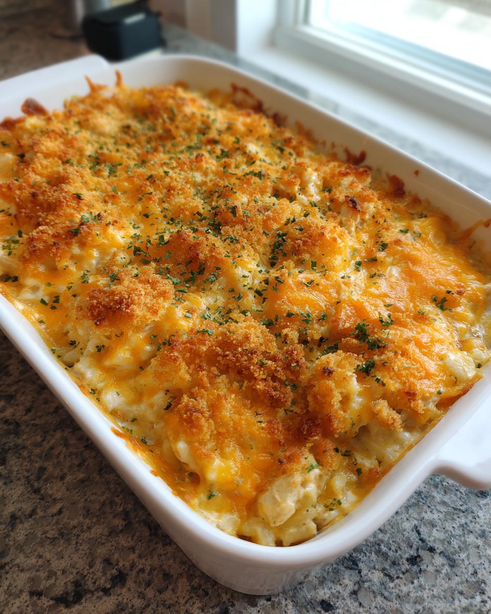 A golden-brown baked chicken and rice casserole topped with melted cheddar cheese and breadcrumbs.
