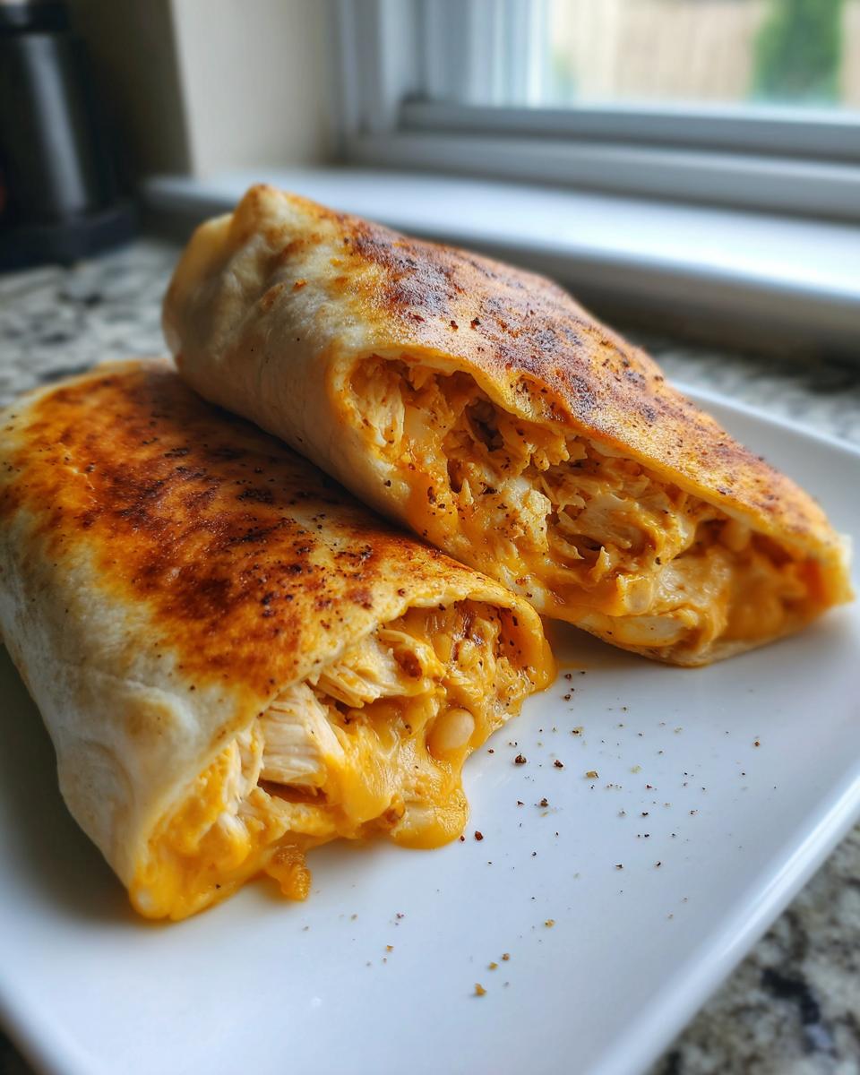 Two halves of a baked chicken chimichangas showing shredded chicken and melted cheese filling.