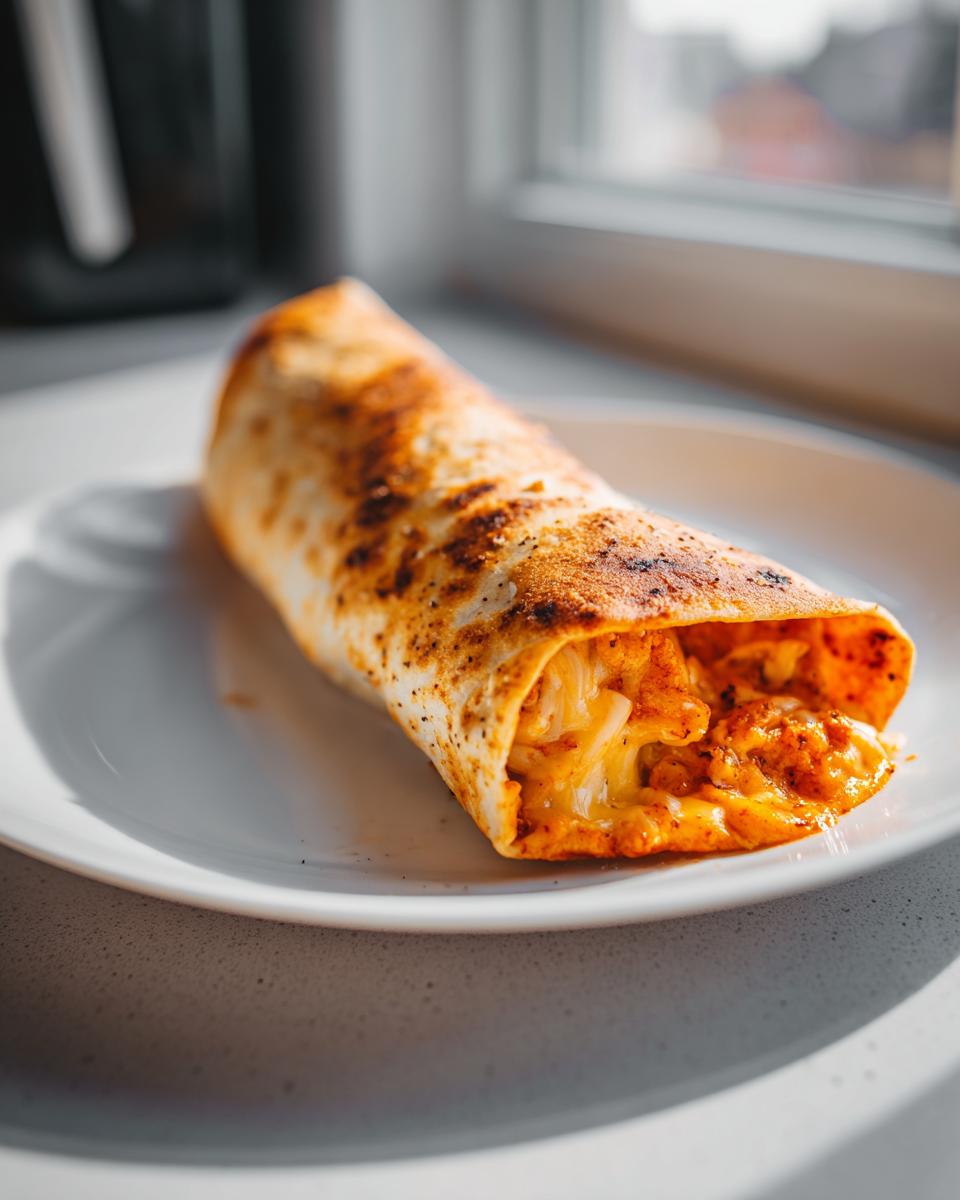 A single baked chimichangas, golden brown and slightly charred, sits on a white plate with melted cheese spilling out.
