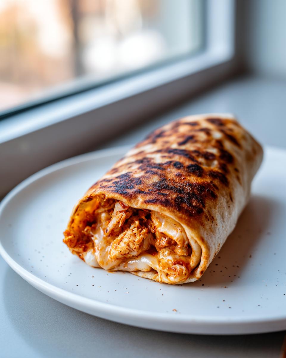 A close-up of a golden-brown baked chimichangas filled with shredded chicken and melted cheese.