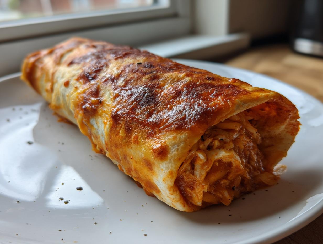 A single, golden-brown baked chimichangas covered in sauce and cheese, showing shredded filling spilling out slightly.