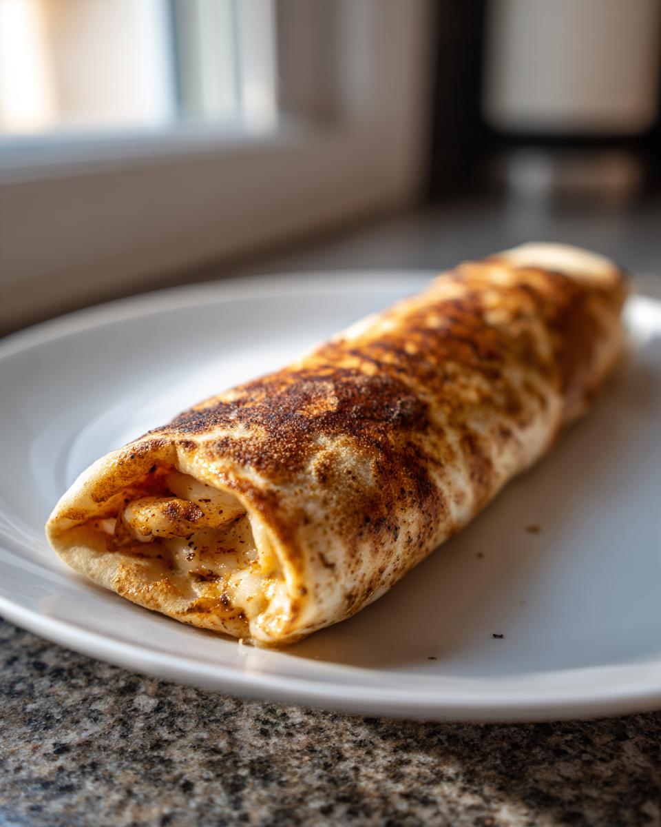 Close-up of a single baked chimichangas, lightly browned with spices, sitting on a white plate.