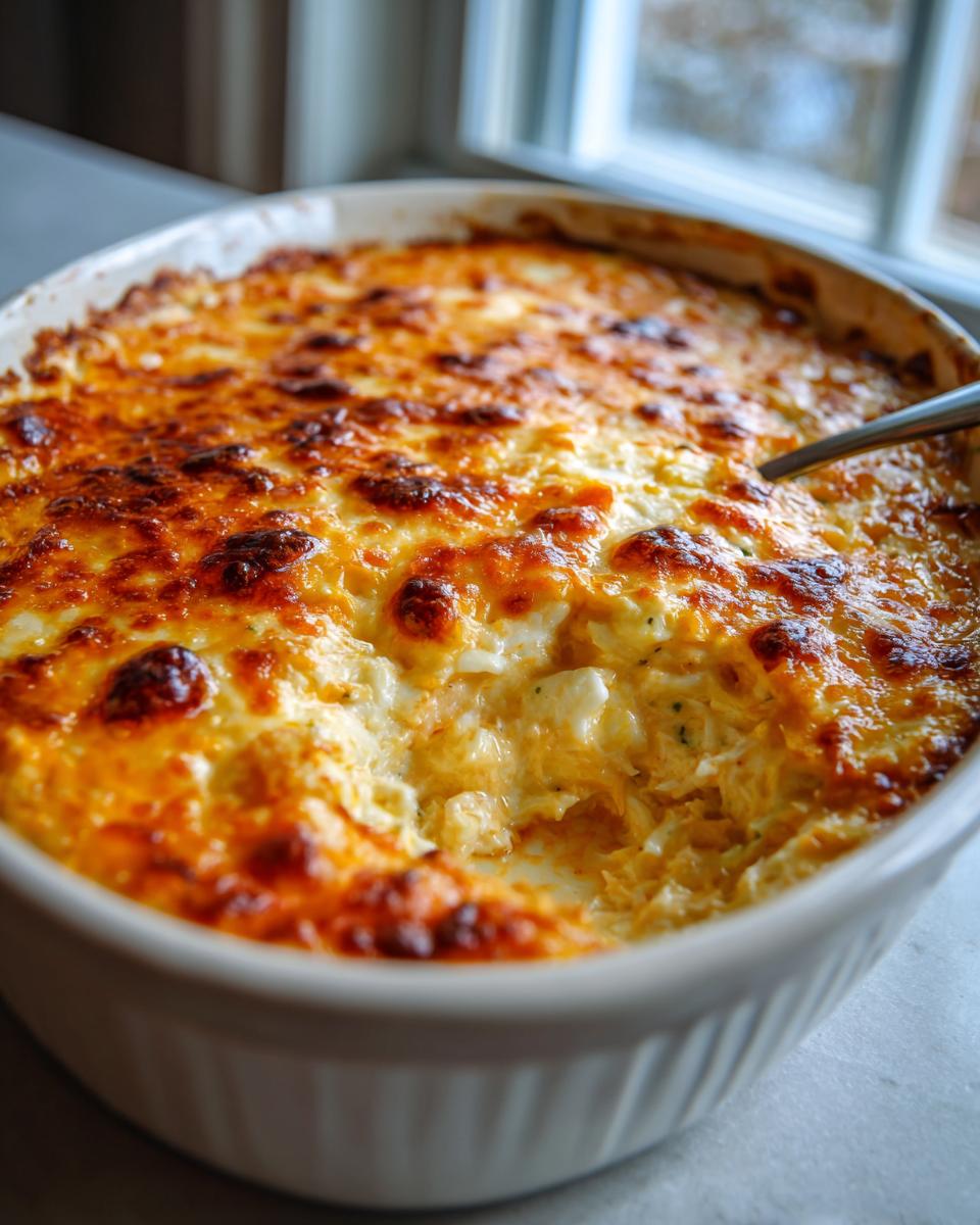 A close-up of a creamy, baked hot crab dip with a bubbly, golden-brown cheese crust, served in a white baking dish.