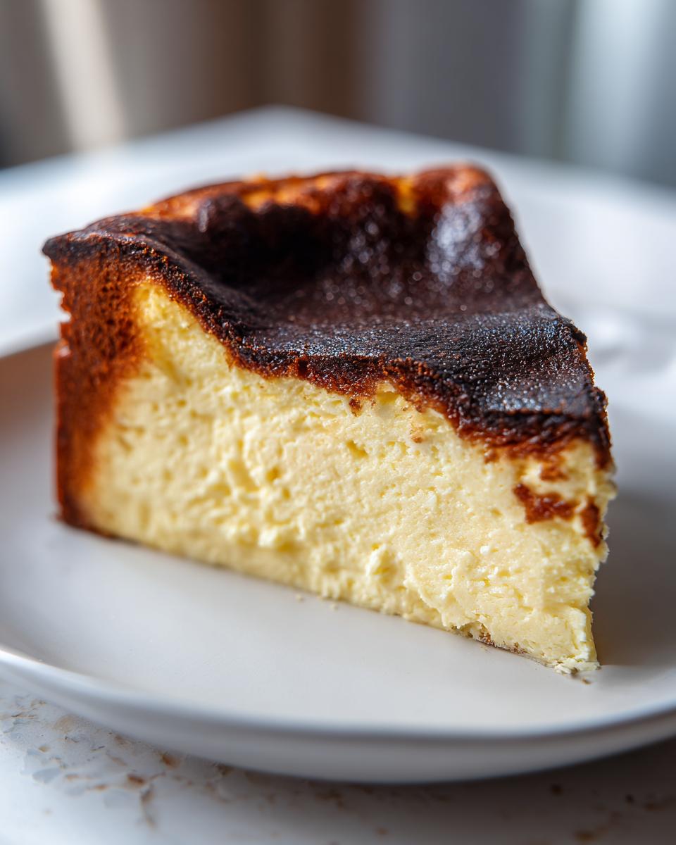 A close-up shot of a thick slice of Basque burnt cheesecake showing its creamy interior and dark caramelized top.