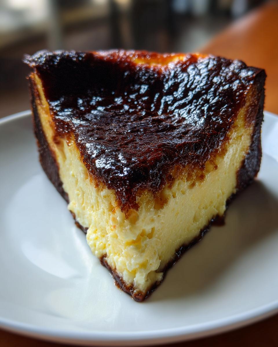 A close-up of a creamy slice of Basque burnt cheesecake showing its dark, caramelized top.