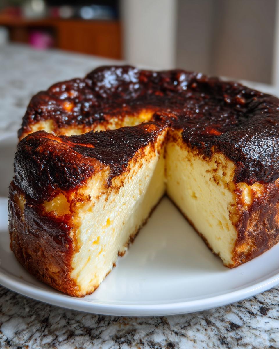 A whole Basque burnt cheesecake with one slice cut out, showing the creamy interior and signature dark, caramelized top.