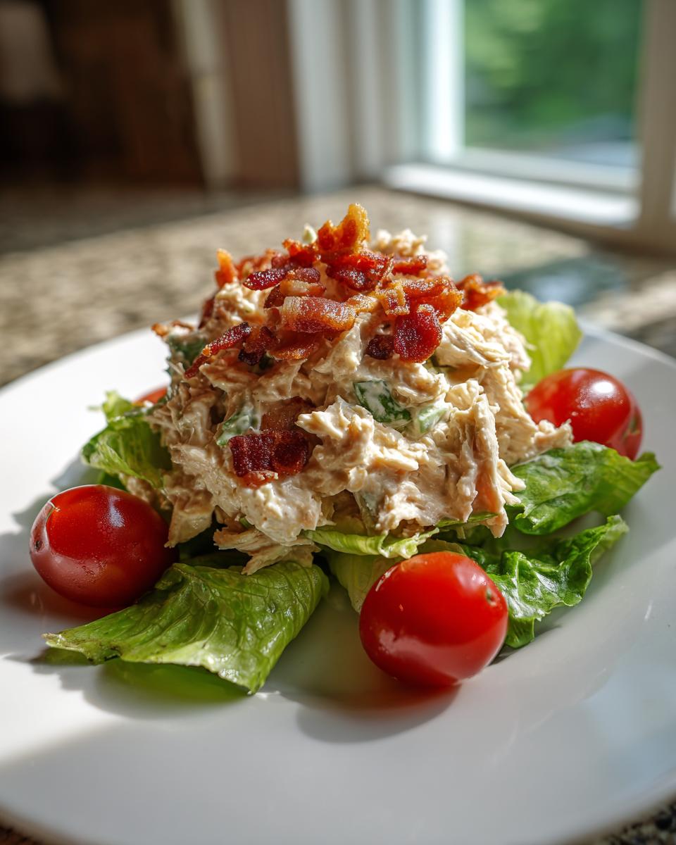 A scoop of creamy blt chicken salad served on lettuce leaves and garnished with cherry tomatoes and crispy bacon bits.