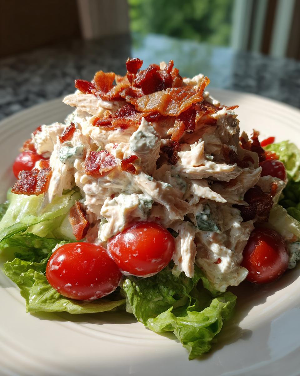 A mound of creamy BLT chicken salad topped with crispy bacon bits, served over lettuce with cherry tomatoes.