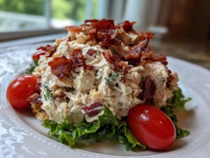 A generous serving of creamy BLT chicken salad piled high on lettuce, garnished with crispy bacon and cherry tomatoes.