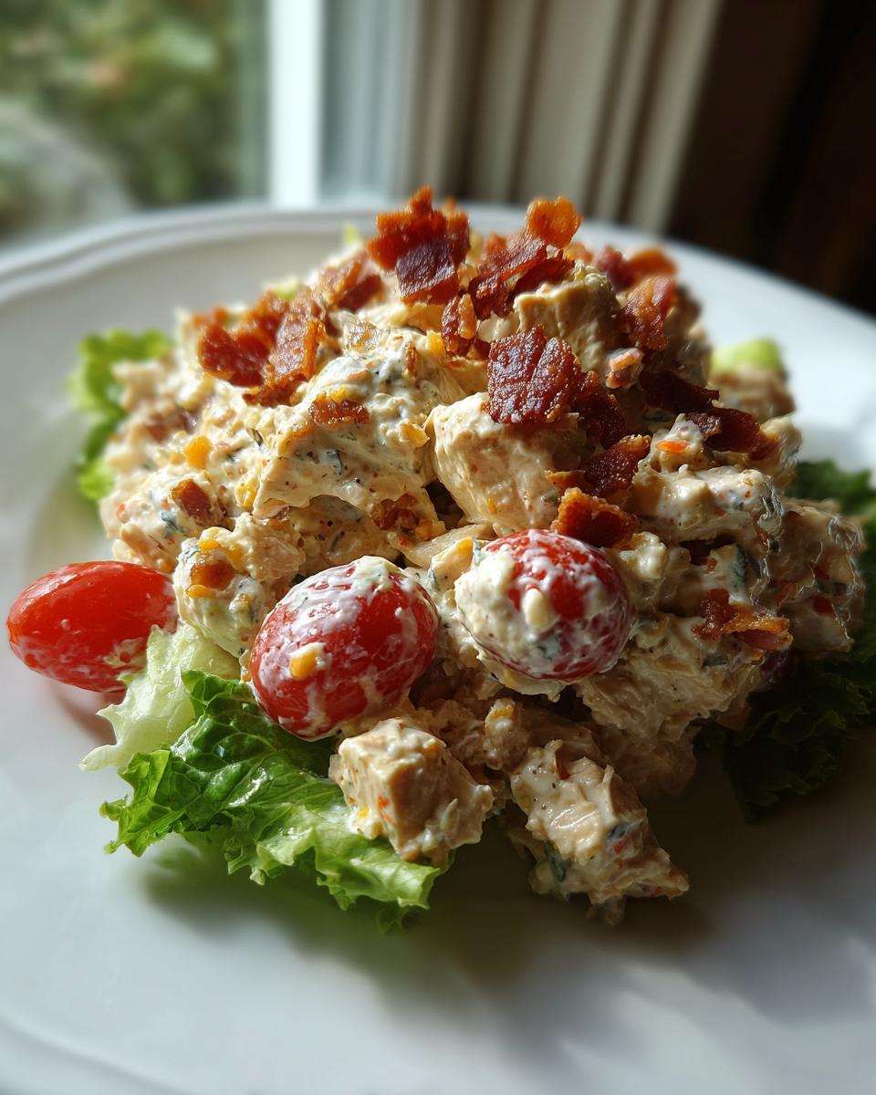A serving of creamy BLT chicken salad topped with crispy bacon bits and cherry tomatoes on lettuce.