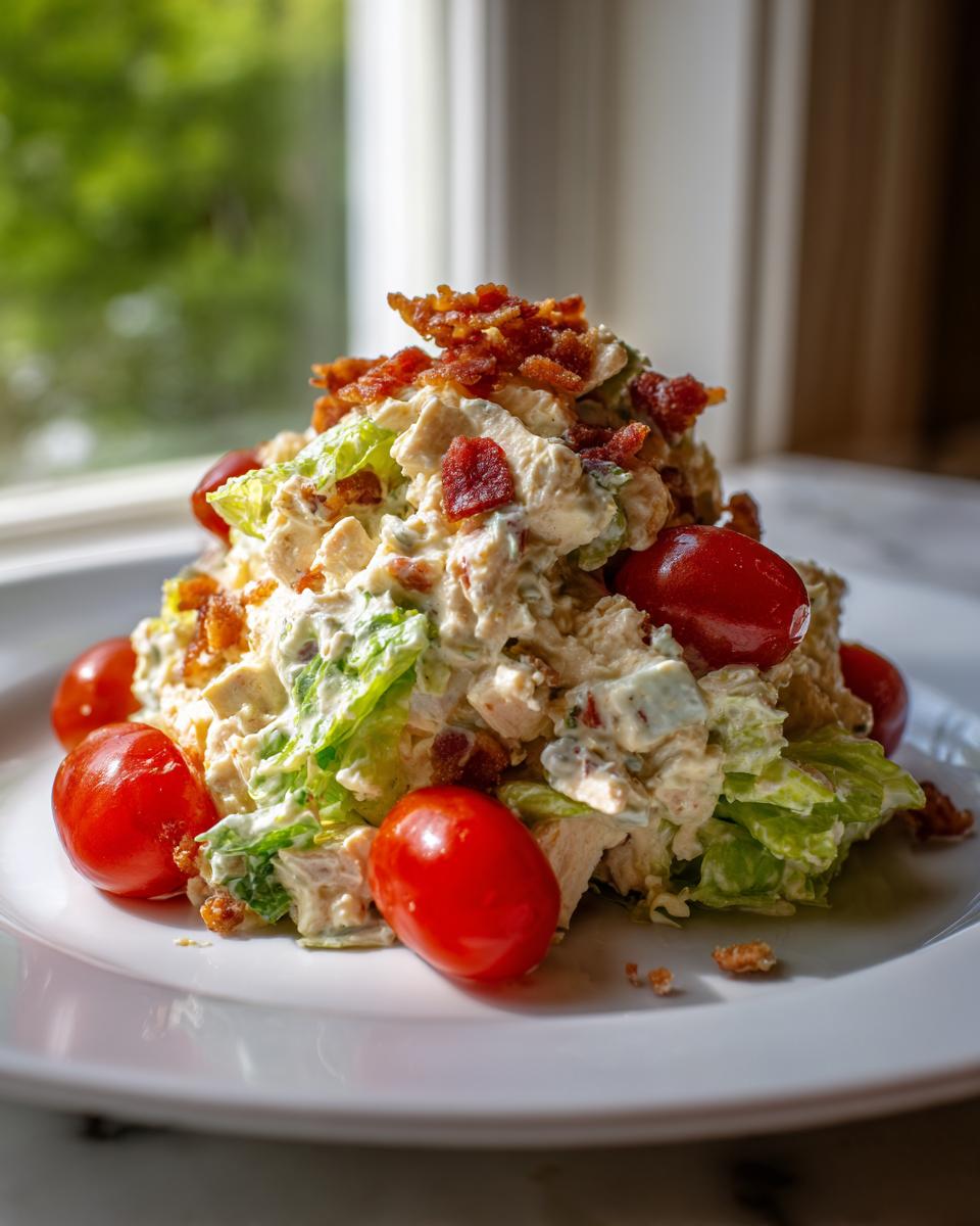 A mound of creamy BLT chicken salad mixed with lettuce, topped with crispy bacon bits and surrounded by bright red cherry tomatoes.