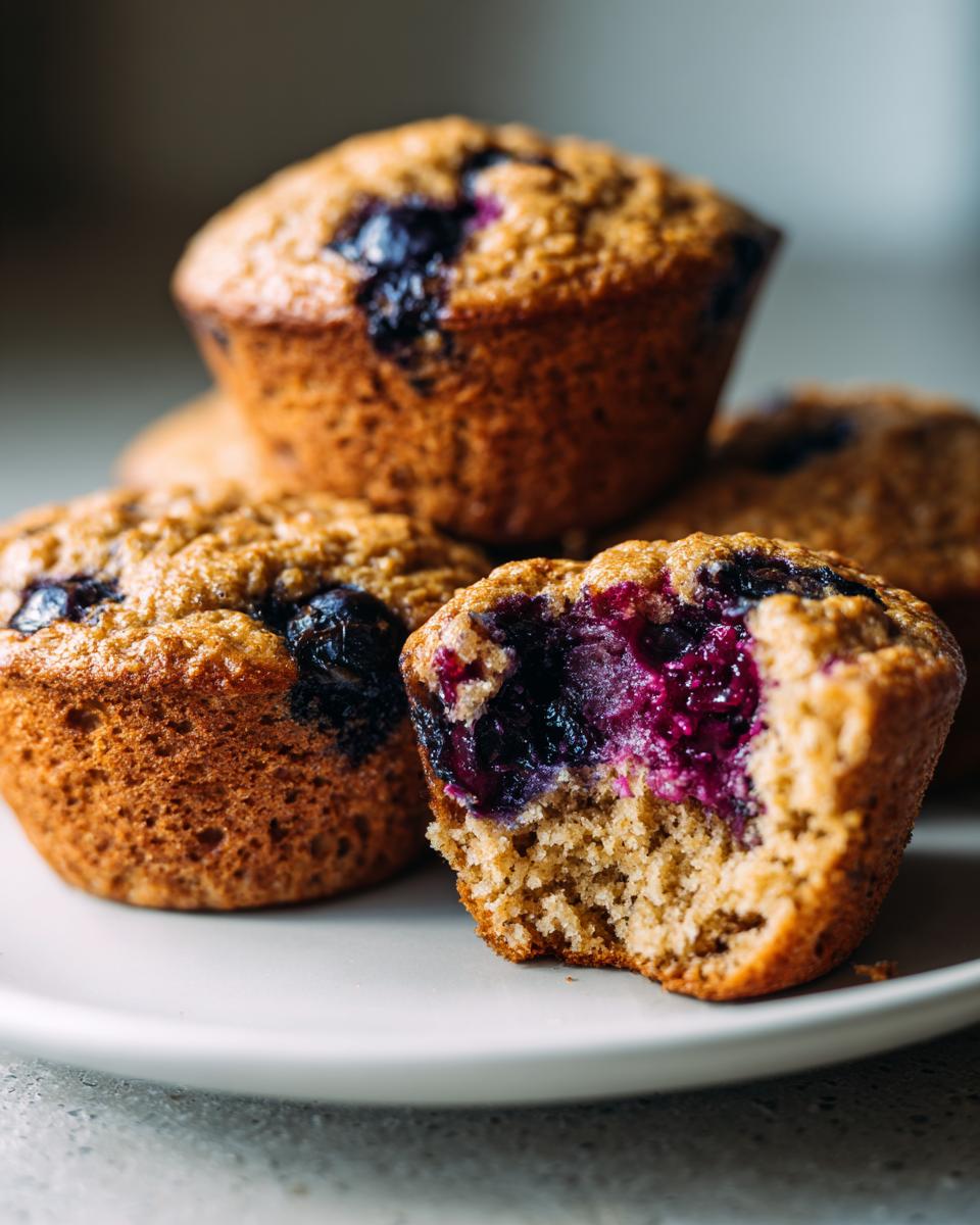 A close-up of several moist blueberry oatmeal muffins, with one muffin clearly showing a bite taken out revealing the jammy blueberry interior.
