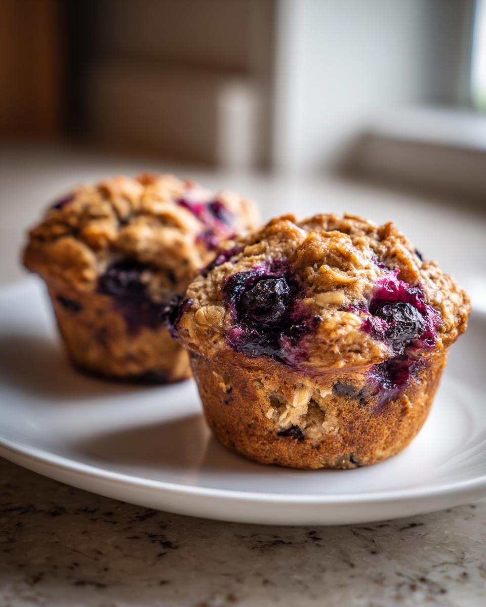Two freshly baked blueberry oatmeal muffins with visible oats and juicy blueberries on a white plate.