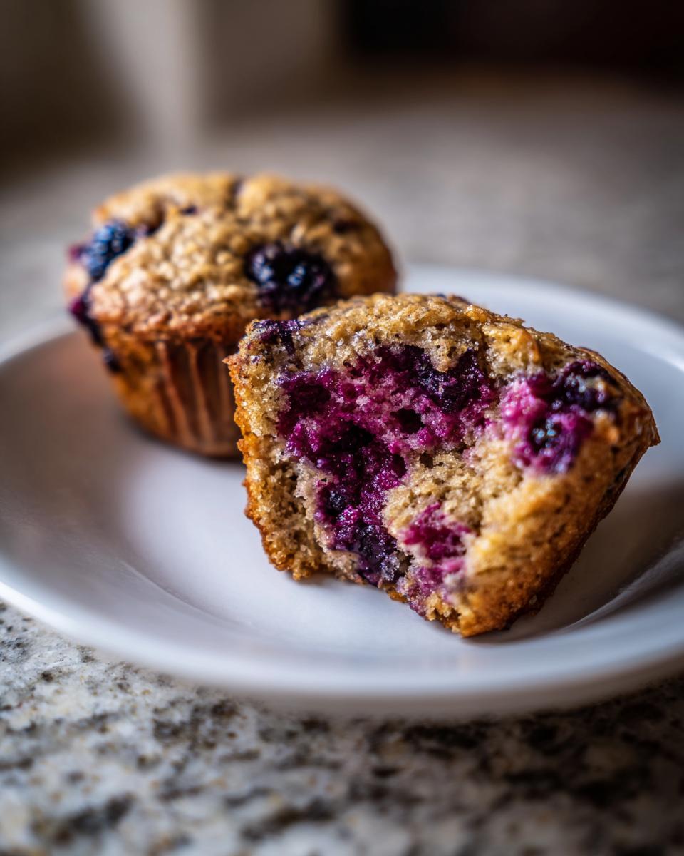 Close-up of a blueberry oatmeal muffins cut in half showing the moist, purple-stained interior packed with blueberries.