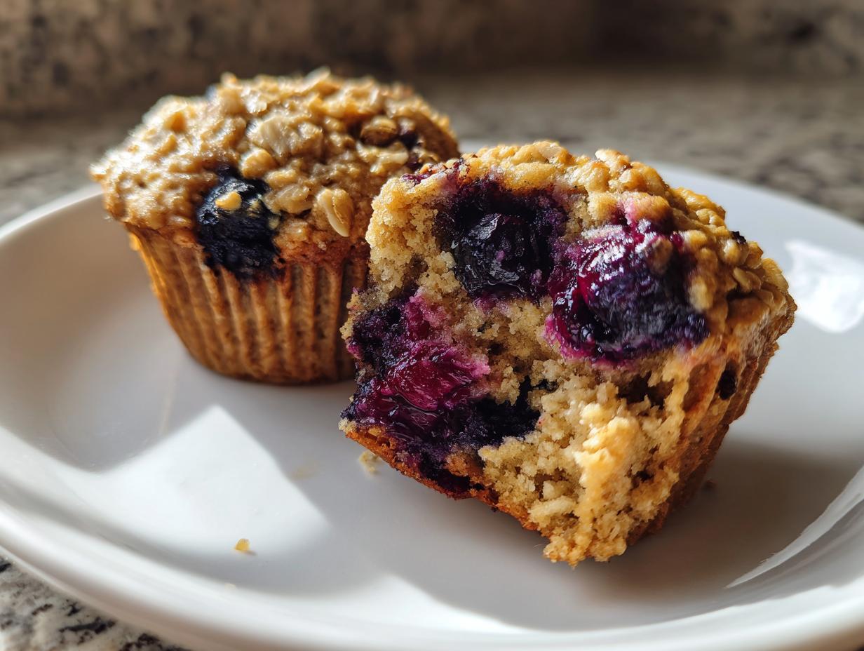 Close-up of two blueberry oatmeal muffins, one cut in half showing the moist interior and bursting blueberries.