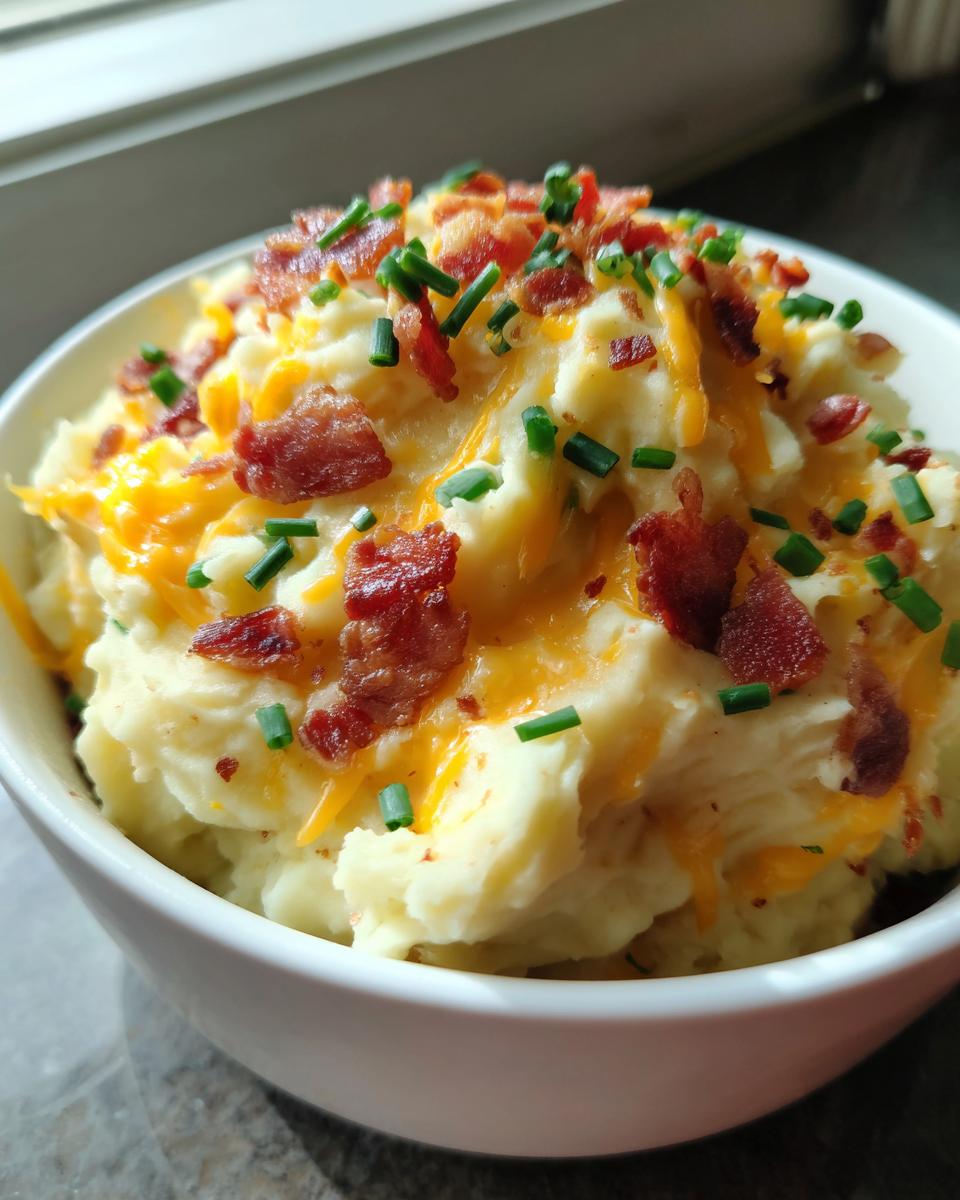 A close-up of a white bowl filled with creamy loaded mashed potatoes topped with melted cheddar cheese, crispy bacon bits, and fresh chives.